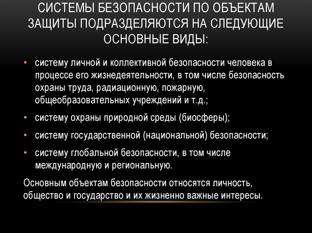 Объектами защиты являются. Система защиты подразделяется. Системы безопасности по объектам защиты. Основные виды системы безопасности по объектам защиты. Виды системы личной и коллективной безопасности.