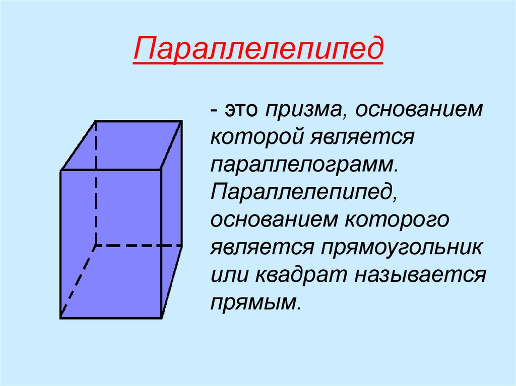 Изобразить прямой параллелепипед. Призма (геометрия) параллелепипед. Понятие грани параллелепипеда. Параллелепипед это Призма в основании которой. Призма параллелепипед пирамида.