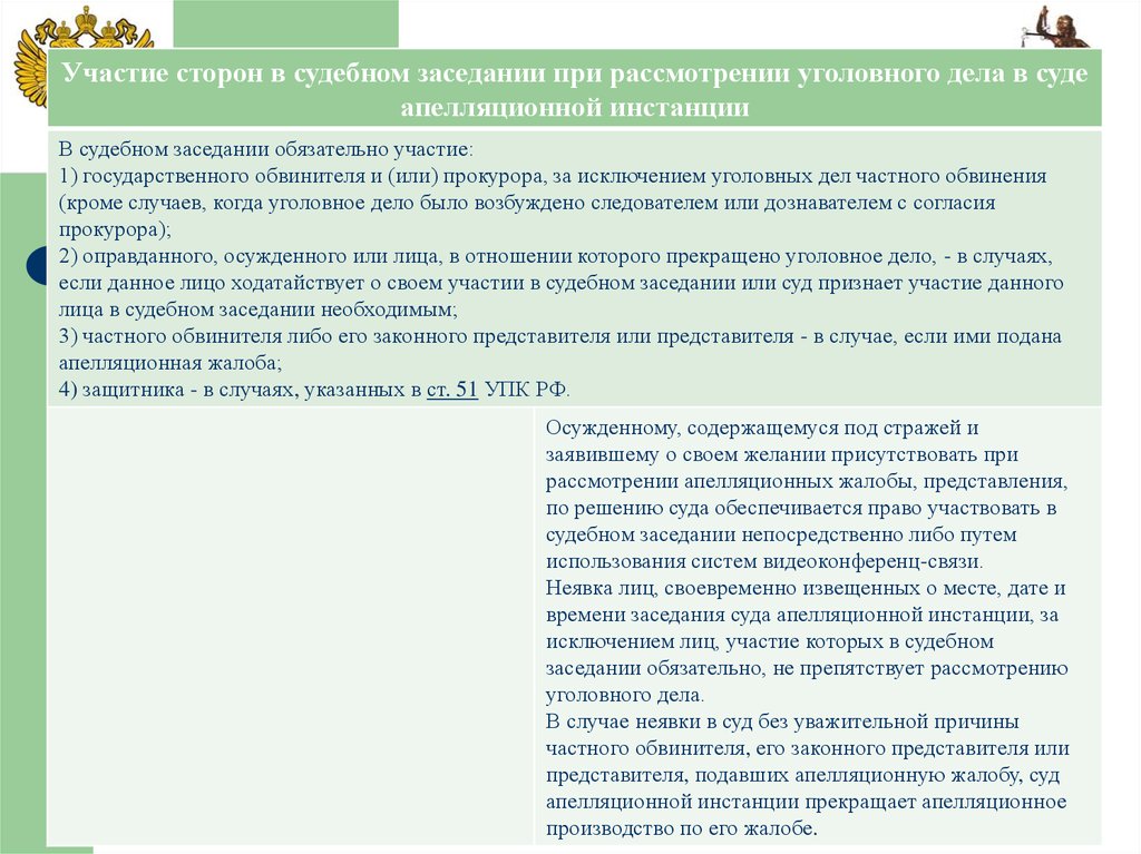 Обязательное участие защитника. Участие в судебных заседания при рассмотрении. Заседания суда апелляционной инстанции.. Рассмотрение уголовного дела в судебном заседании. При рассмотрении уголовного дела суд апелляционной инстанции.