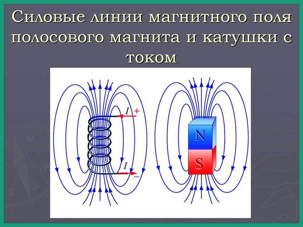 Силовые линии магнитного поля полосового магнита и катушки с током
