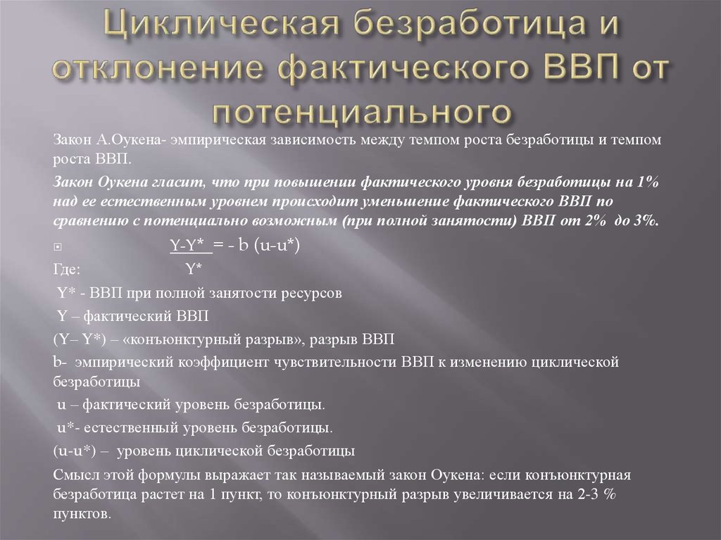 Определить уровень циклической безработицы. Циклическая (конъюнктурная) безработица. Пути снижения уровня циклической безработицы. Отклонение реального ВВП от потенциального ВВП. Занятость и безработица макроэкономика.