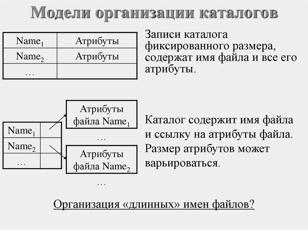 Последовательность записи. Каталог организаций. Модель организации каталог. Атрибуты файла и его объем. Атрибуты файла презентация.