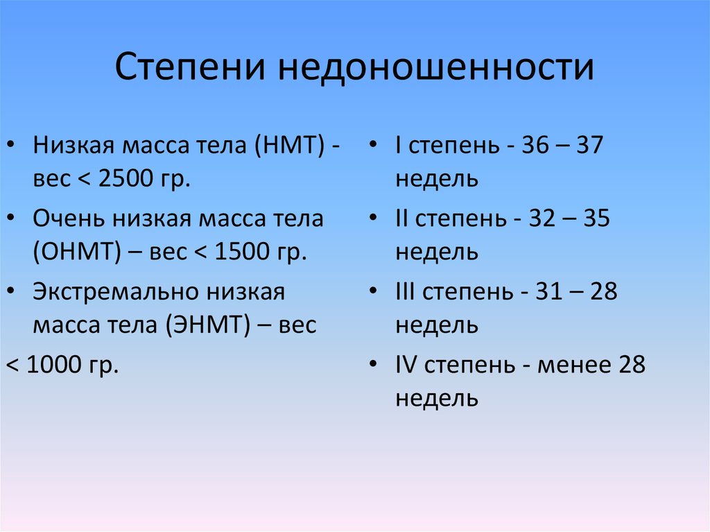 Степени недоношенности новорожденных