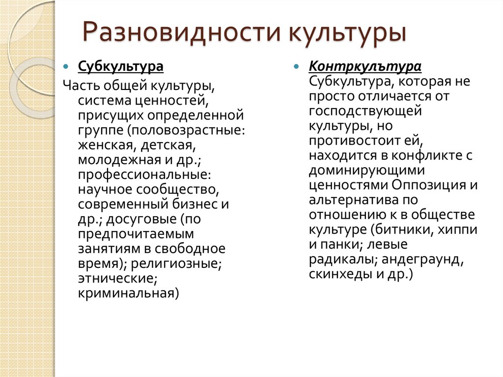 Разновидности культуры в обществе