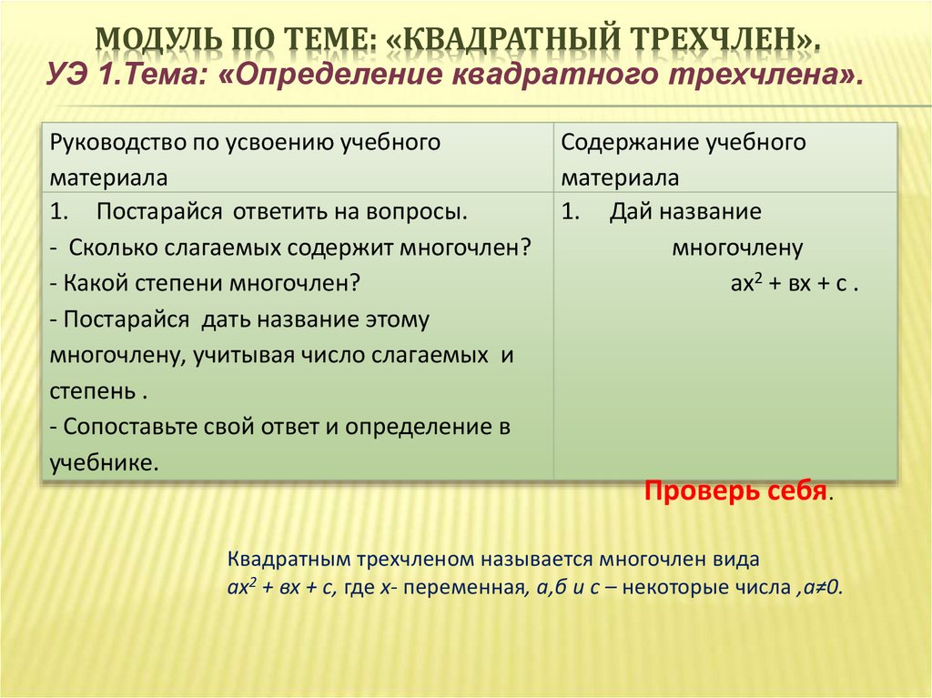 Квадратный трехчлен 8 класс презентация