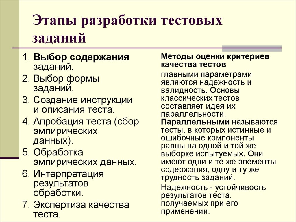 Раскрыть этап. Стадии разработки тестовых заданий. Последовательность разработки тестовых заданий. Этапы разработки тестовых заданий. Методика составления тестовых заданий.