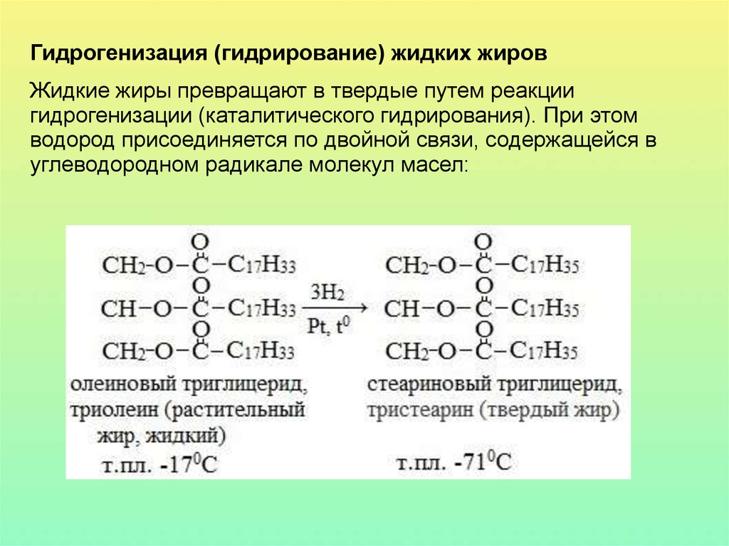 Триглицерид гидрирование. Гидрогенизация растительных жиров формула. Реакция гидрогенизации жира. Гидрирование растительных жиров реакция. Гидрирование жиров уравнение реакции.