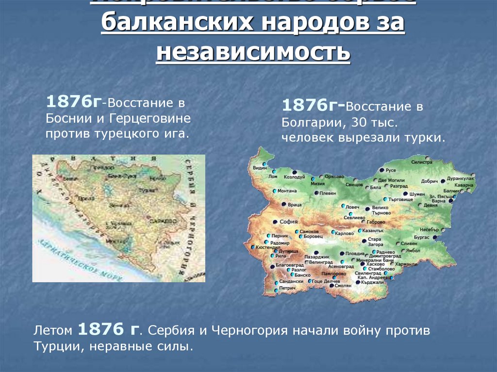 Борьба балканских народов. Народы Балканского полуострова. 1876г-восстание в Боснии и Герцеговине против турецкого Ига.. Независимость балканских народов. Покровительство борьбе балканских народов за независимость.