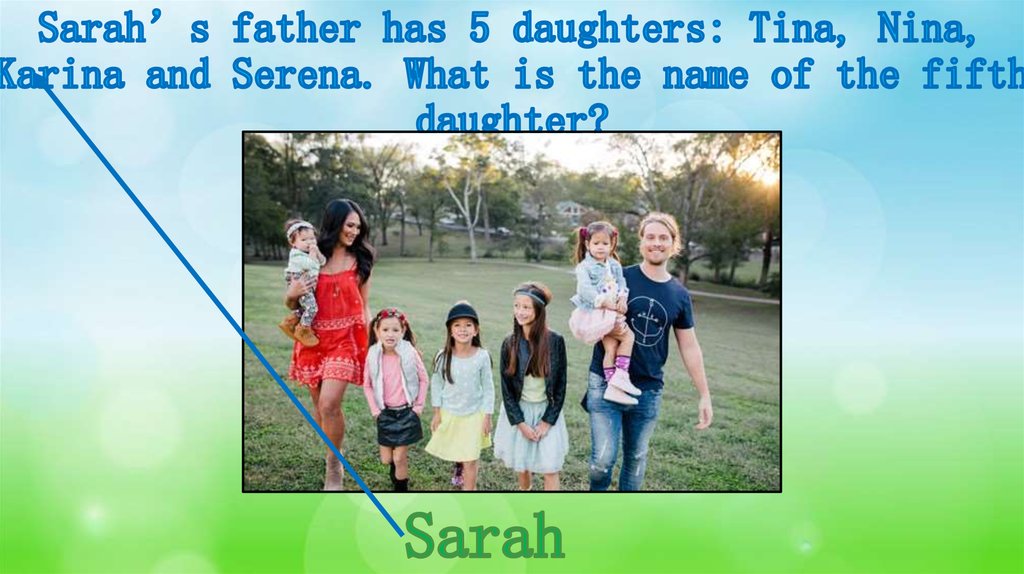 Sarah’s father has 5 daughters: Tina, Nina, Karina and Serena. What is the name of the fifth daughter?