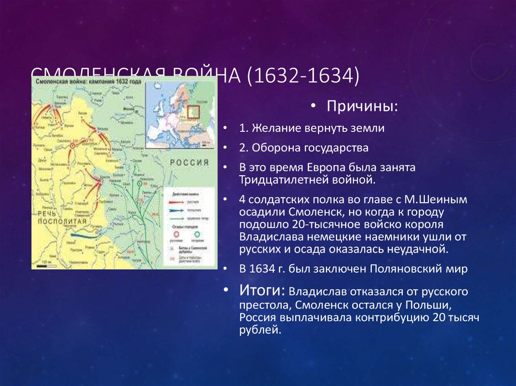 Результаты смоленской войны с позиции россии кратко. Смоленской войны 1632-1634. Итоги русско польской войны 1632 1634.