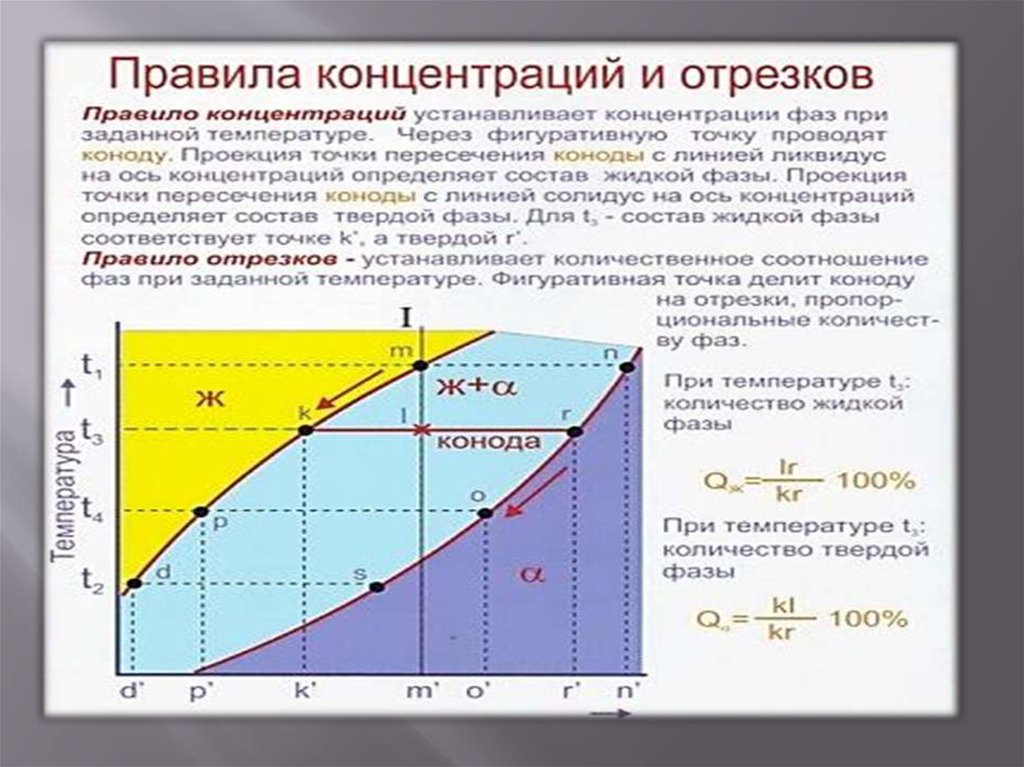 Состав и количество фаз в двухфазных областях диаграмм равновесия определяют по правилу