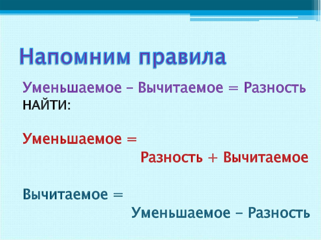 Вычитаемое надо. Вычитаемое уменьшаемое разность правило. Как найти уменьшаемое вычитаемое разность. Правила уменьшаемое вычитаемое разность. Как найти уменьшаемое правило.