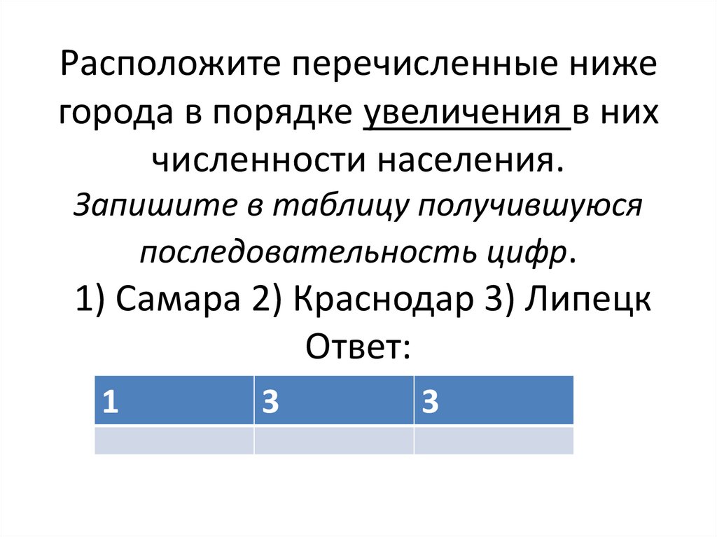 Расположите перечисленные ниже города в порядке увеличения