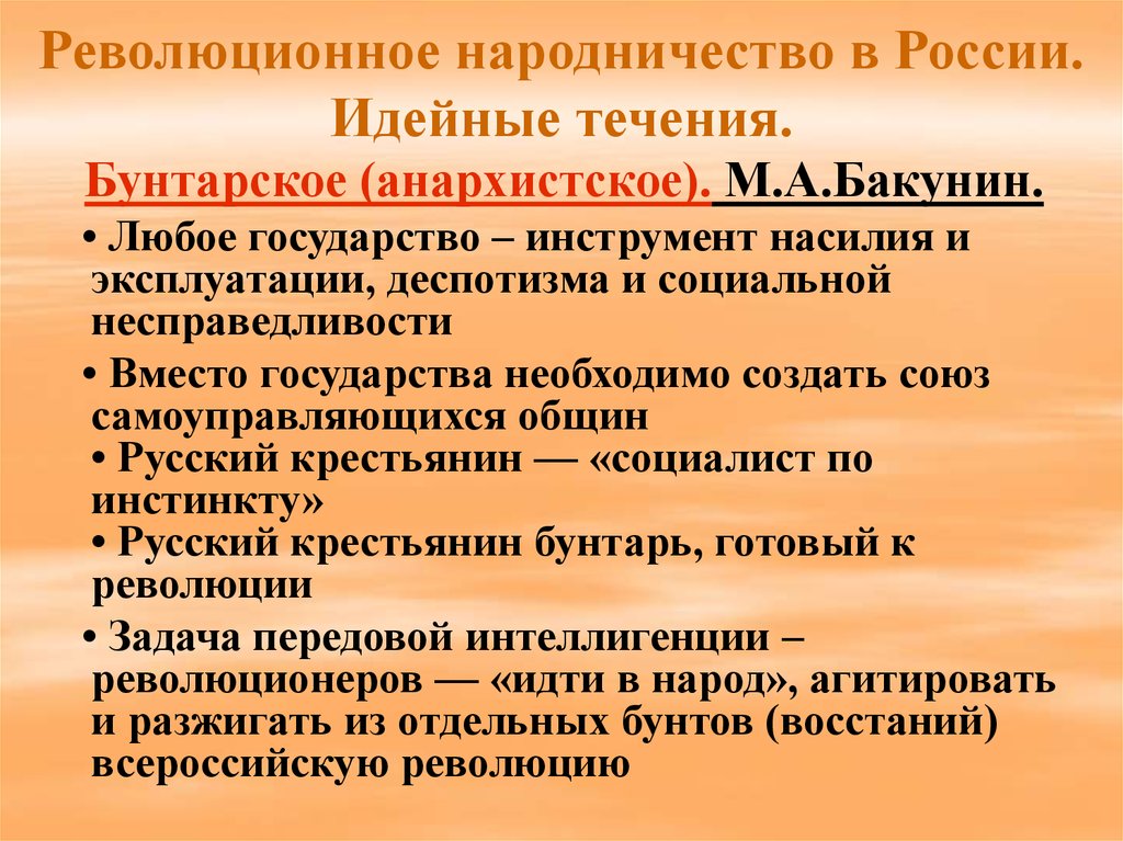 Анархистское народничество. Идейная борьба в России во второй половине XIX В.. Народничество анархистское направление. Итоги народничества.