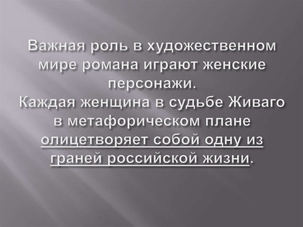 Важная роль в художественном мире романа играют женские персонажи. Каждая женщина в судьбе Живаго в метафорическом плане