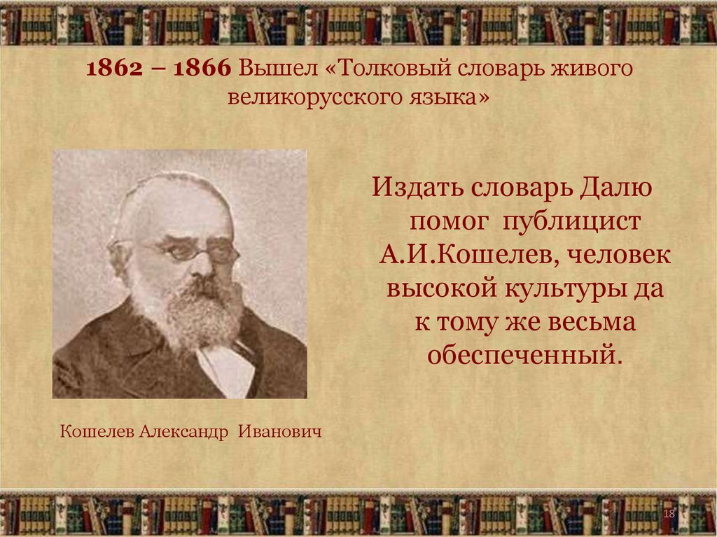 1862 – 1866 Вышел «Толковый словарь живого великорусского языка»