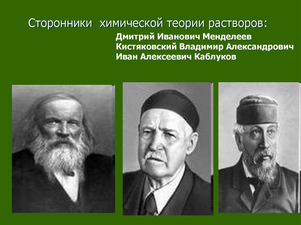 Химическая теория менделеева. Сторонники химической теории. Сторонники теории растворов. Химическая теория растворов каблуков.