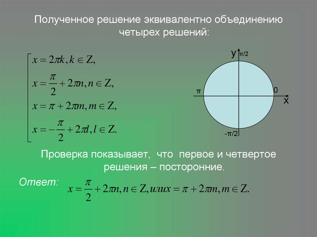 1 1 x 0 2π. Объединение решений тригонометрических уравнений. Объединение множества решений тригонометрических уравнений. A объединение b эквивалентно. 4 Решения.