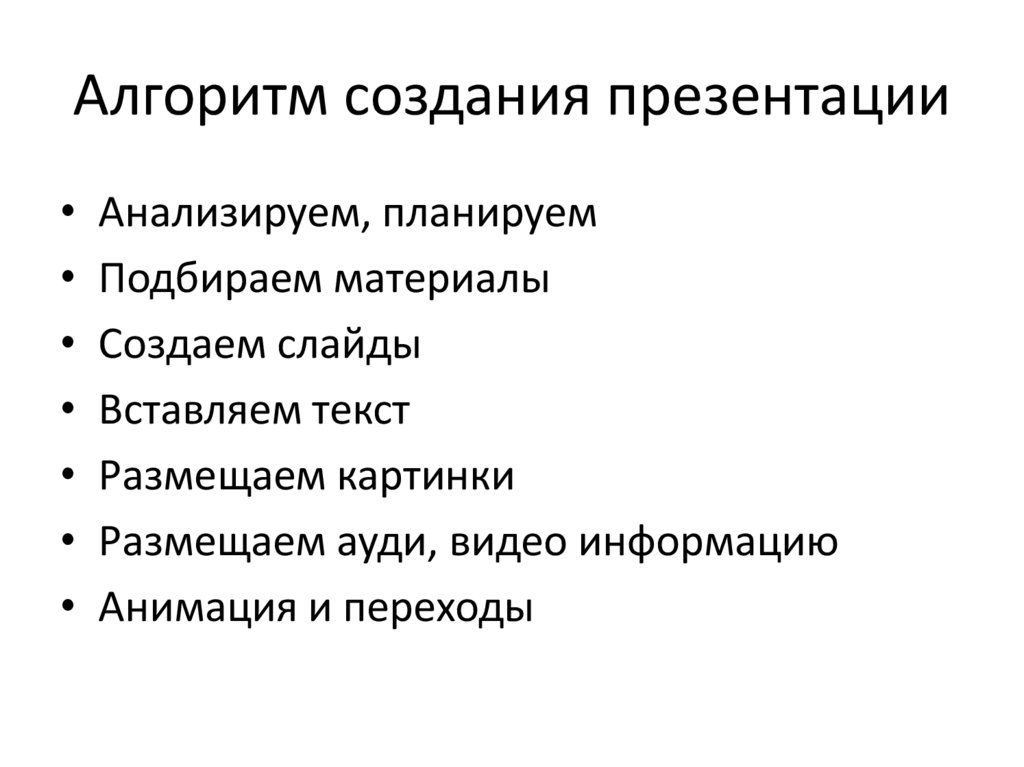 Алгоритм создания презентации включает в себя три главных этапа