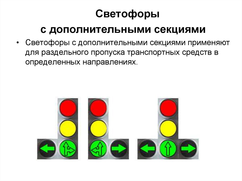 Проезд на сигнал светофора пдд. Сигналы светофора с одной дополнительной секцией. Значение сигналов светофора с дополнительными секциями. Обозначение сигнала светофора с дополнительной секцией. Сигналы светофора для трамваев.