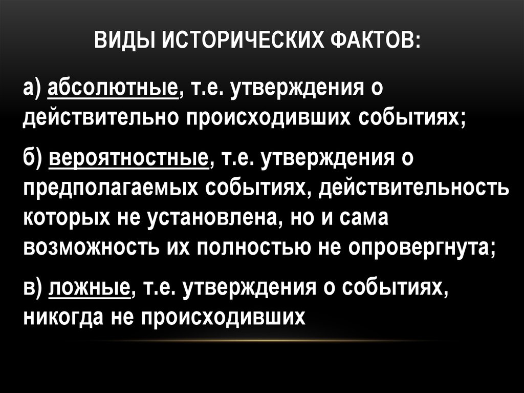 Абсолютное утверждение. Виды исторических фактов. Исторический факт примеры. Недостоверные факты истории. Ложные факты.