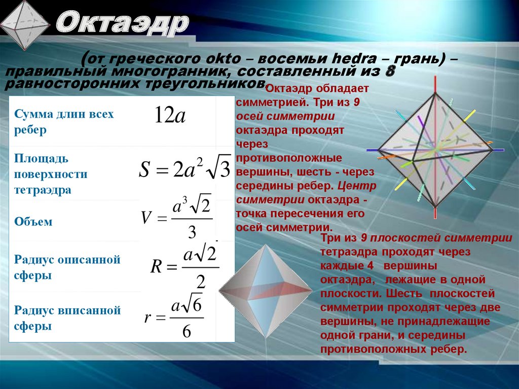 Площадь поверхности октаэдра равна. Площадь поверхности правильного октаэдра. Площадь поверхности октаэдра формула. Правильные многогранники октаэдр. Элементы правильного октаэдра.