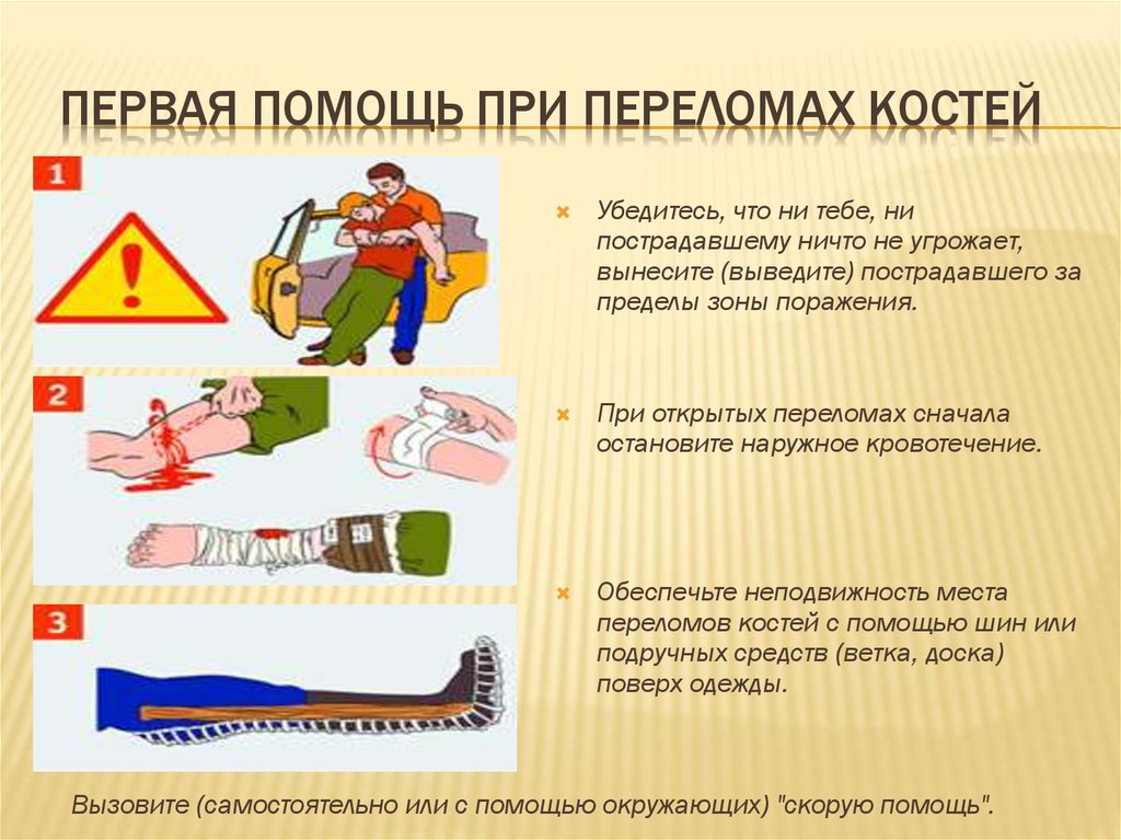 Урок обж травмы. Перелом и оказание первой медицинской помощи при переломе. При оказании первой медицинской помощи при переломе. Порядок оказания первой помощи при переломах. Переломы костей конечностей действия по оказанию первой помощи.