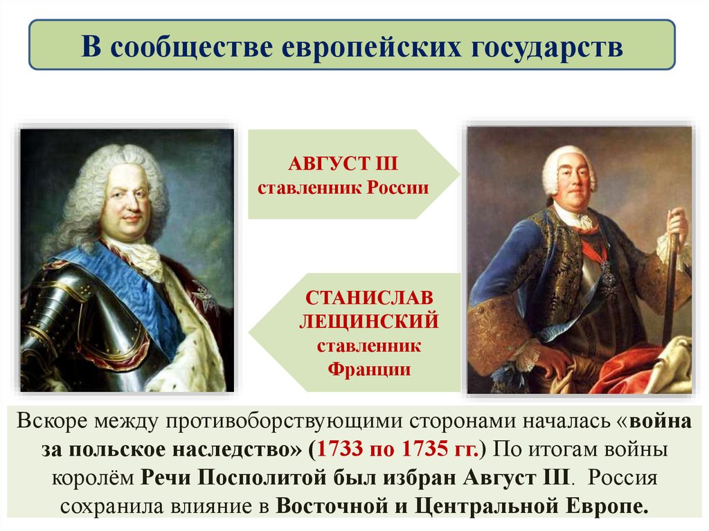 Россия и франция история 8 класс. Цель войны за польское наследство 1733-1735.