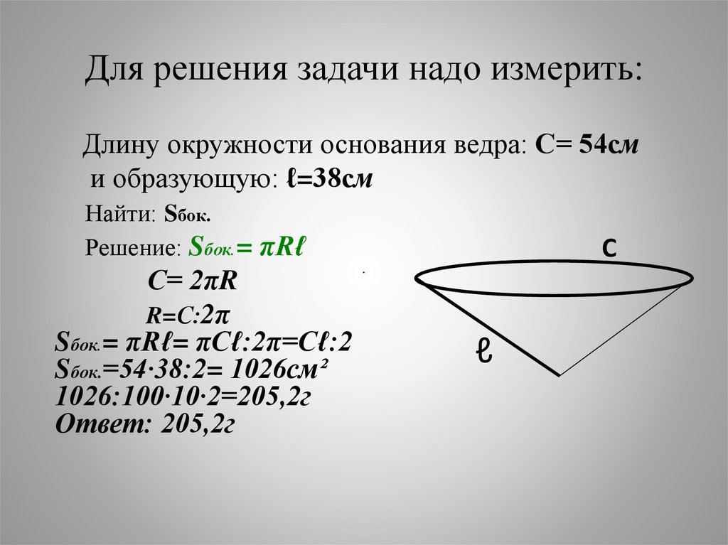 Длина окружности основания. Длина окружности ведра. Задачу надо. S Б О К = Π R L Sбок=πrl. Длина окружности основания буква.