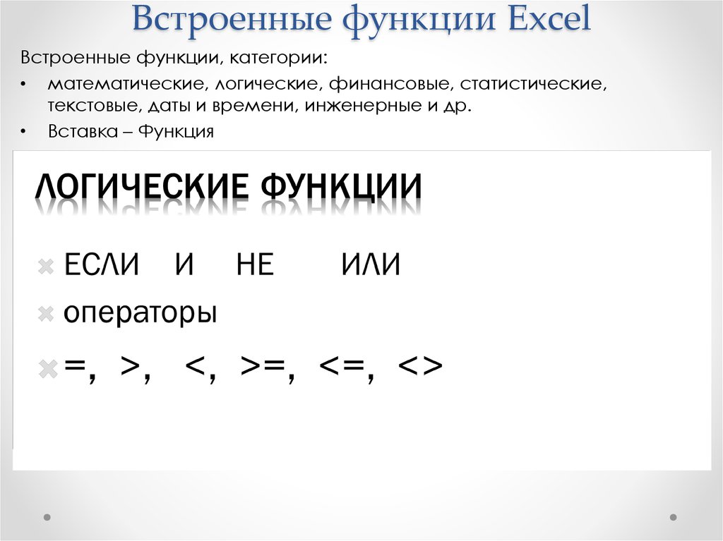 Основные категории функций. Встроенные функции excel. Встроенные математические и логические функции. Встроенныйе функции Exel. Встроенные математические функции.