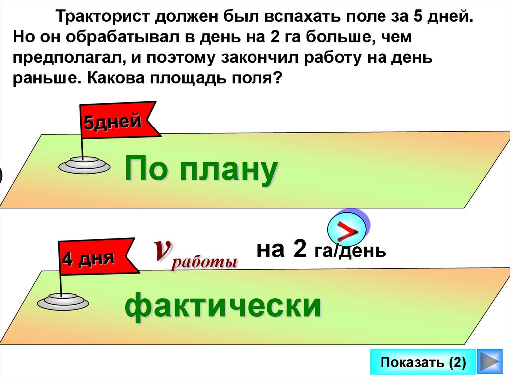 В первый день вспахали. Тракторист должен вспахать 2/5 поля. Решите задачу тракторист вспахал поле за 2 дня. Тракторист должен был за определённое время вспахать. Тракторист должен был за определённое время вспахать поле площадью 180.