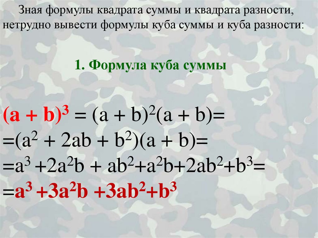 Найти сумму кубов уравнения. Формулы Куба суммы и Куба разности. A3+b3 формула сумма кубов. Формула разности кубов a3-b3. Формула Куба разности.