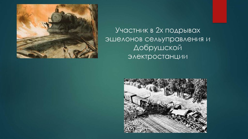 Участник в 2х подрывах эшелонов сельуправления и Добрушской электростанции