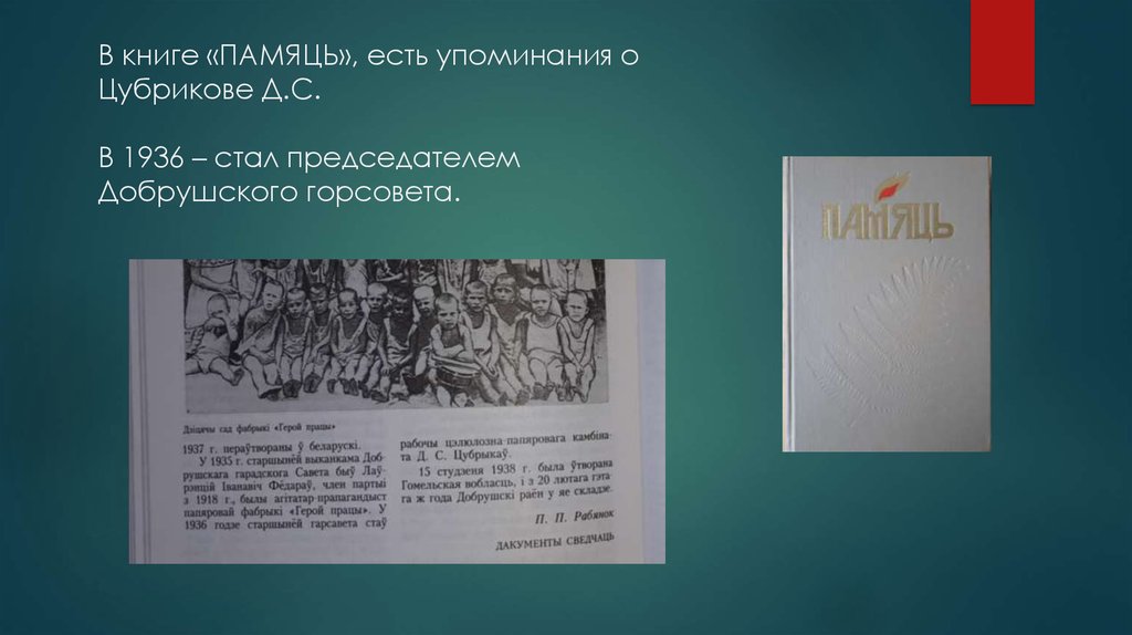 В книге «ПАМЯЦЬ», есть упоминания о Цубрикове Д.С. В 1936 – стал председателем Добрушского горсовета.