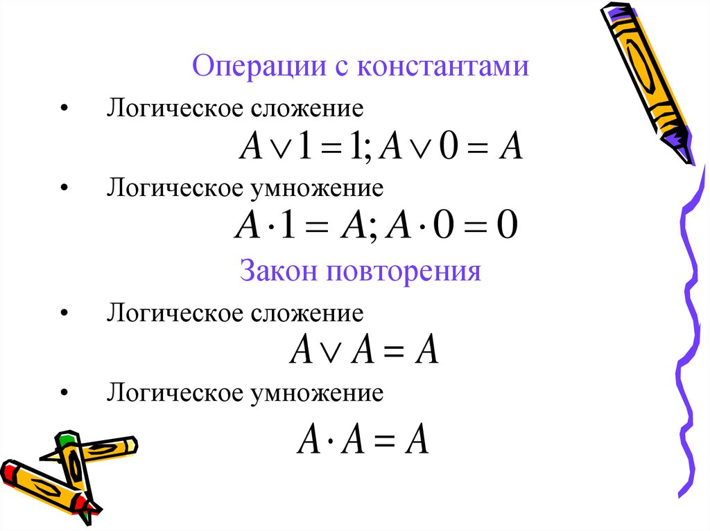 Проведите доказательство логических законов. Операции с константами в логике. Операция с константами Информатика. Закон повторения. Закон операции с константами.