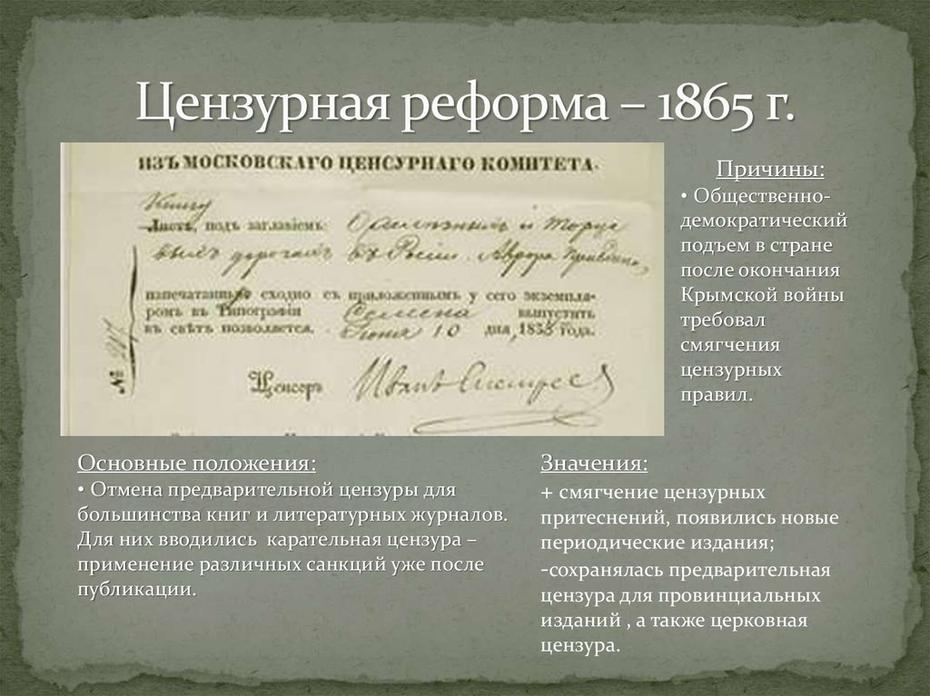 Издание реформы. Автор реформы цензуры 1865. Причины цензурной реформы 1865. Реформа цензуры 1865 кратко. Цензурная реформа 1865 итоги.