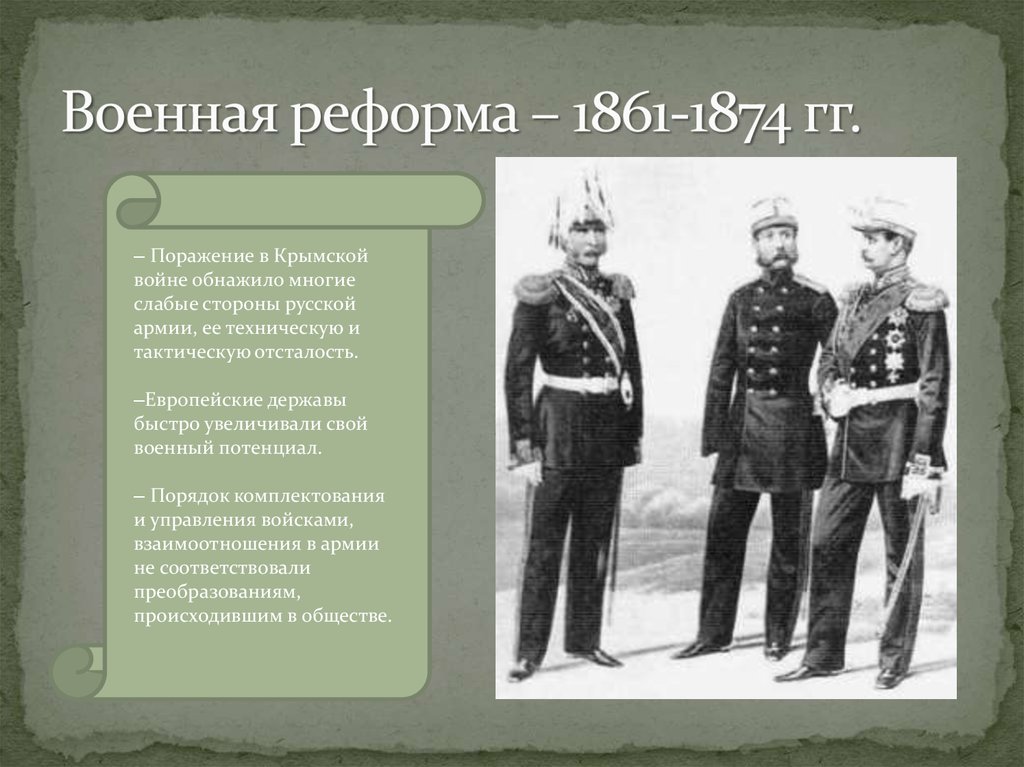 Одним из направлений военной реформы является. Воинская реформа 1861-1874. Военная реформа 1860.