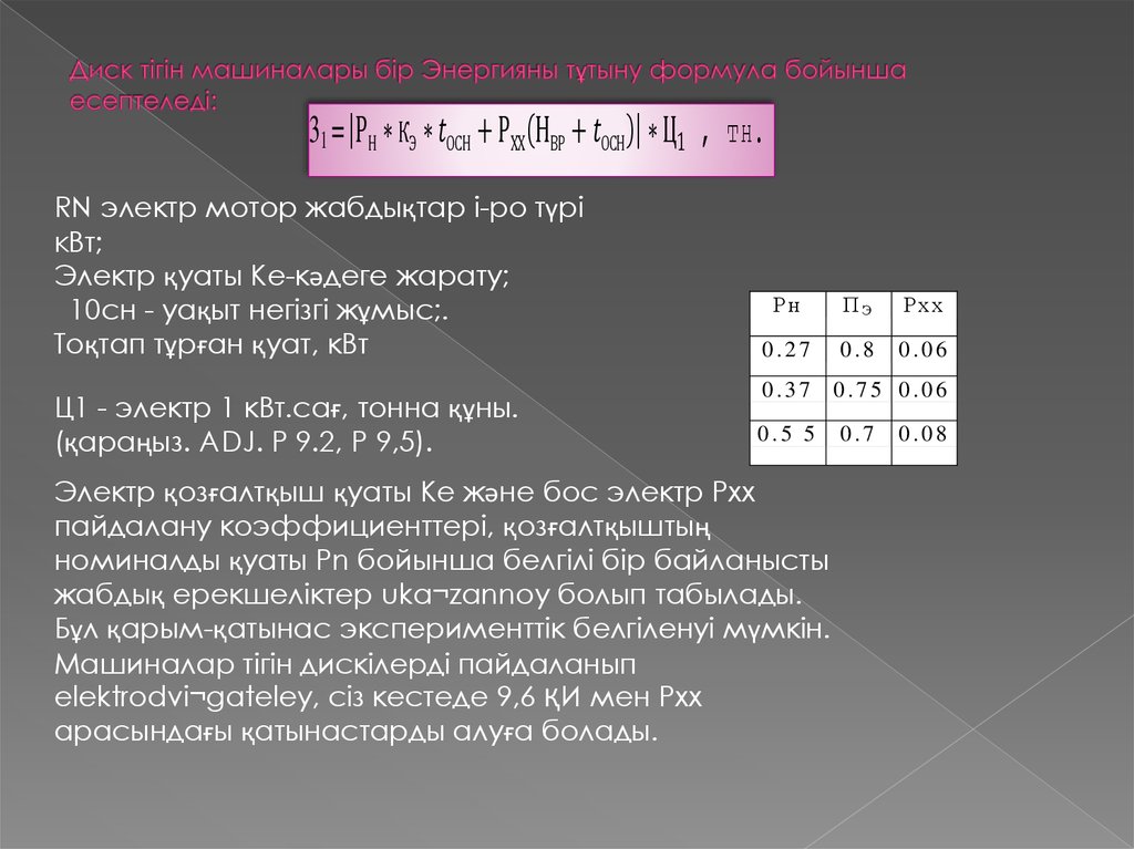 Диск тігін машиналары бір Энергияны тұтыну формула бойынша есептеледі: