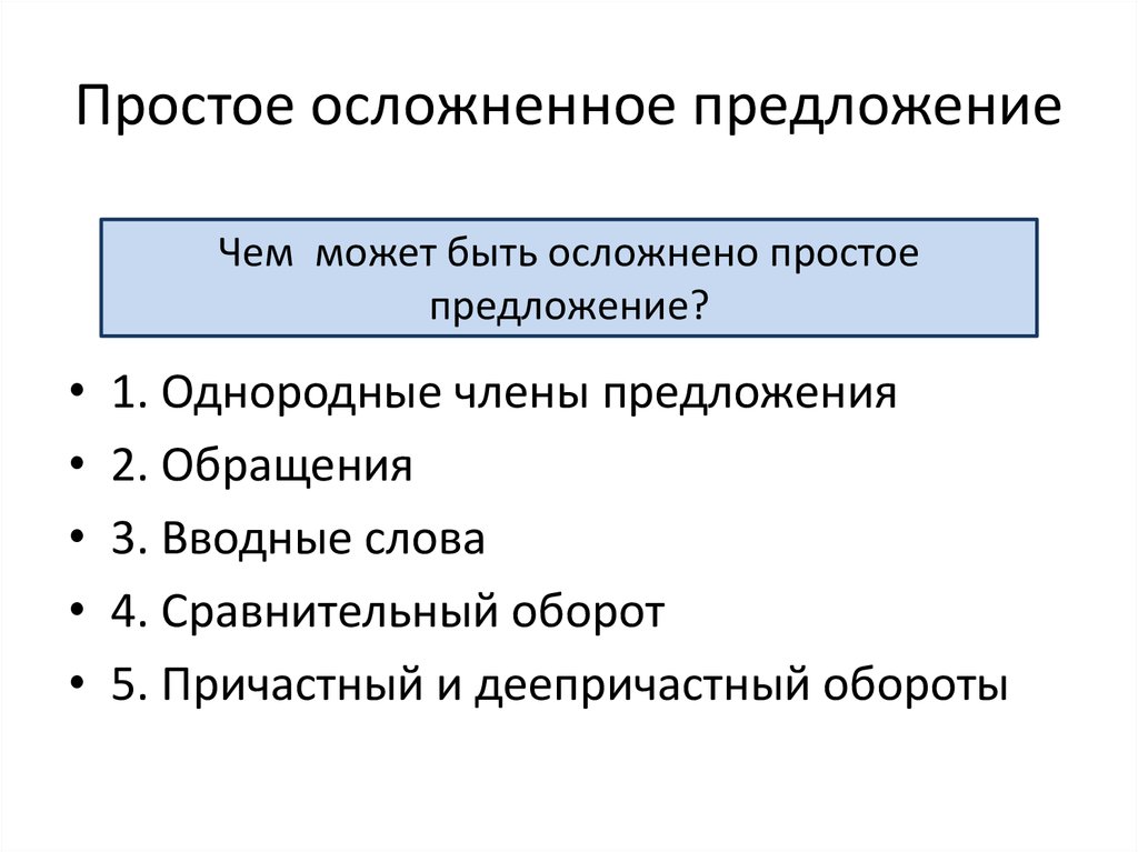 Предложение 1 простое осложненное однородными членами предложения. Простое осложненное предложение. Чем может осложнено простое предложение. Простое осложнённое педложение. Виды осложнений предложений.