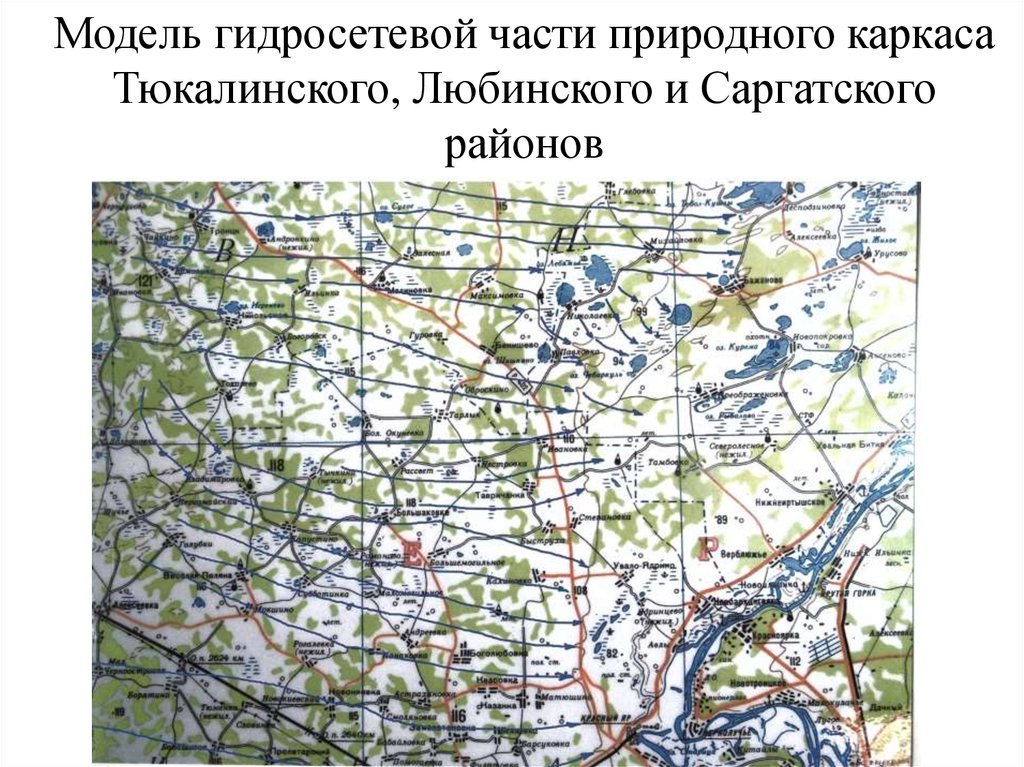 Модель гидросетевой части природного каркаса Тюкалинского, Любинского и Саргатского районов