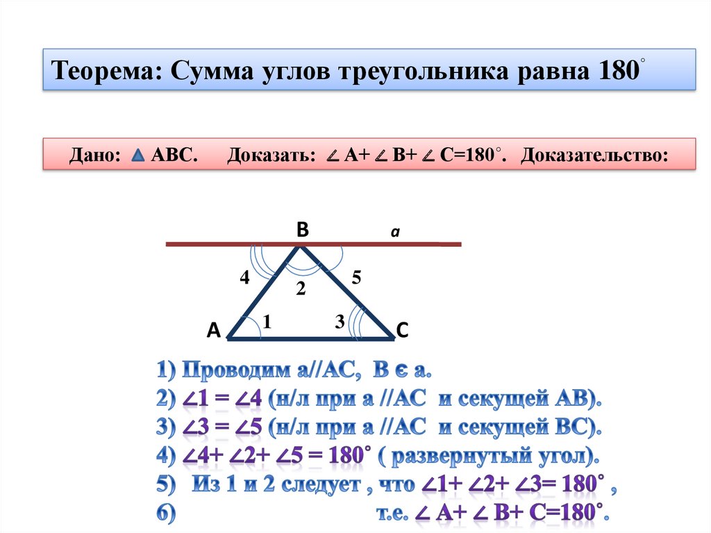 Сумма углов любого треугольника равна градусам. Теорема сумма углов треугольника равна 180 доказательство. Теорема о сумме углов треугольника доказательство теоремы. Сумма углов треугольника равна 180 теорема о сумме углов треугольника. Доказательство теоремы о сумме углов треугольника 7 класс.