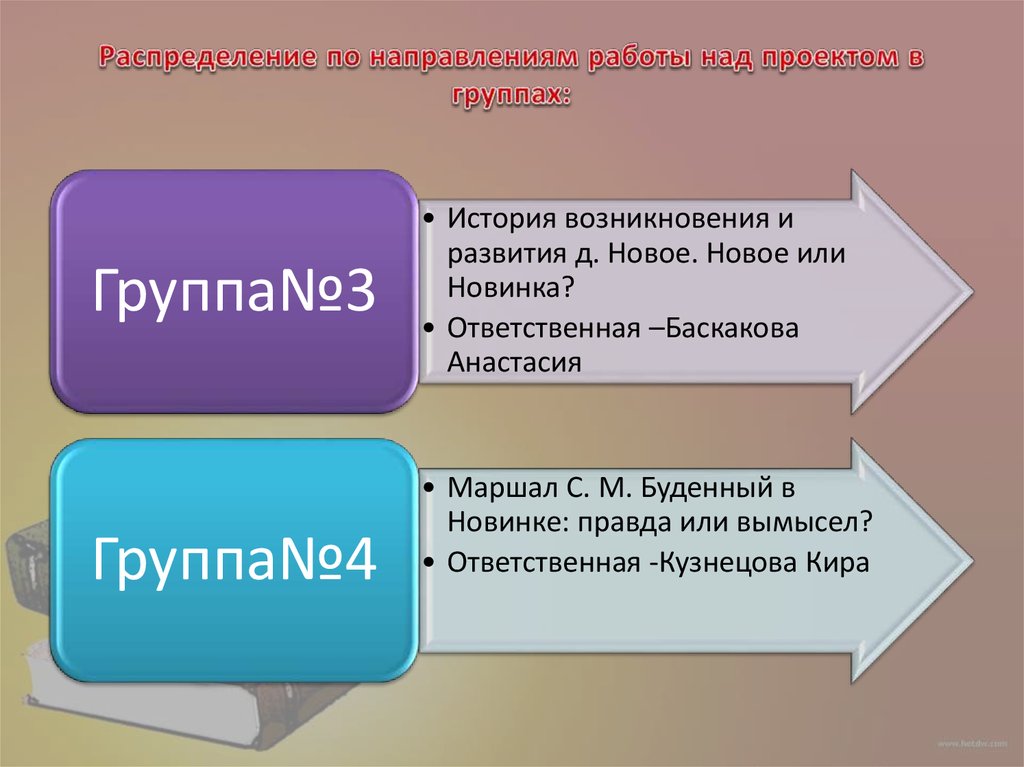 Распределение по направлениям работы над проектом в группах: