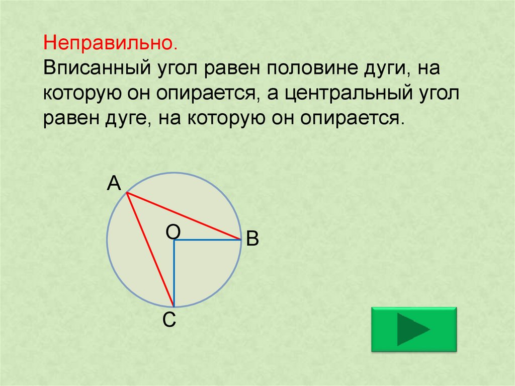 Вписанный угол равен выберите ответ