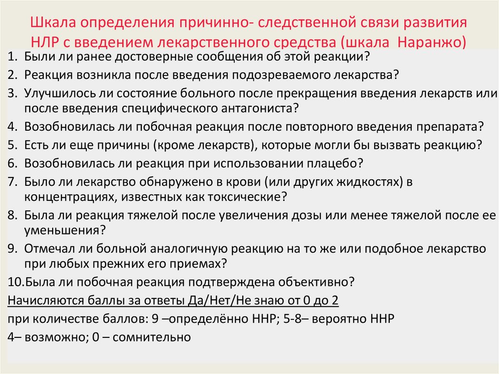 Шкала определения причинно- следственной связи развития НЛР с введением лекарственного средства (шкала Наранжо)