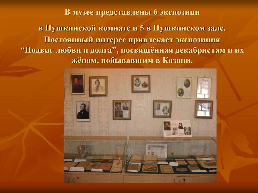 В музее представлены 6 экспозици в Пушкинской комнате и 5 в Пушкинском зале. Постоянный интерес привлекает экспозиция “Подвиг