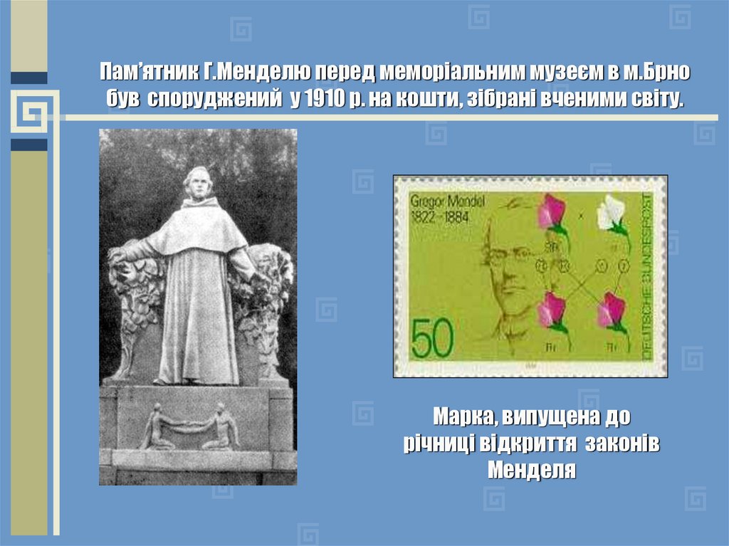 Пам’ятник Г.Менделю перед меморіальним музеєм в м.Брно був споруджений у 1910 р. на кошти, зібрані вченими світу.