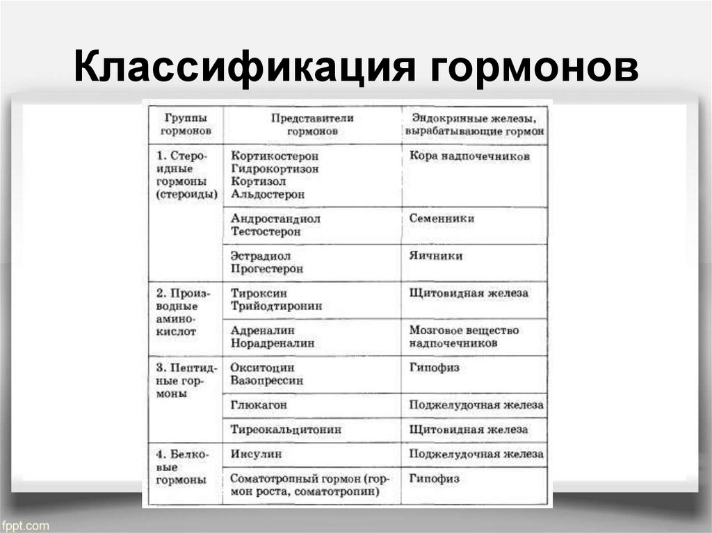 Виды гормонов схема