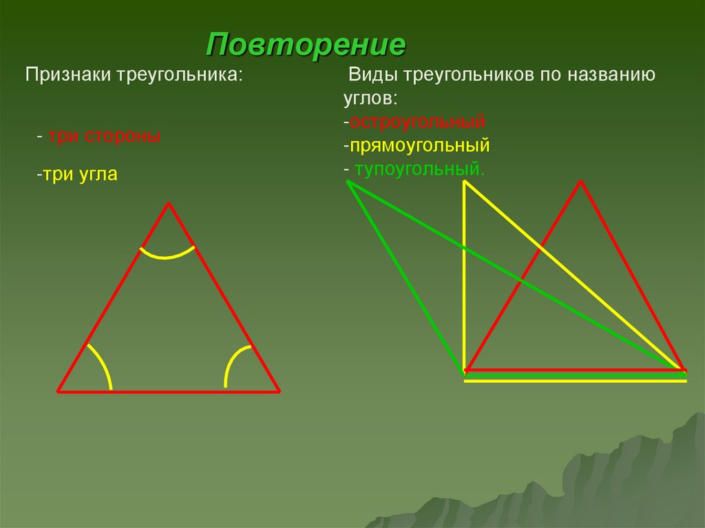 Три признака угла. Виды треугольников. Повторение треугольники. Повторить виды треугольников. Виды треугольников по углам.
