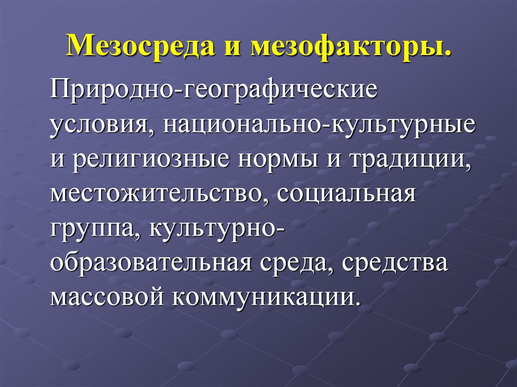 Географические условия. Природно-географические условия социальной жизни. Культурные и религиозные нормы. Факторы мезосреды.