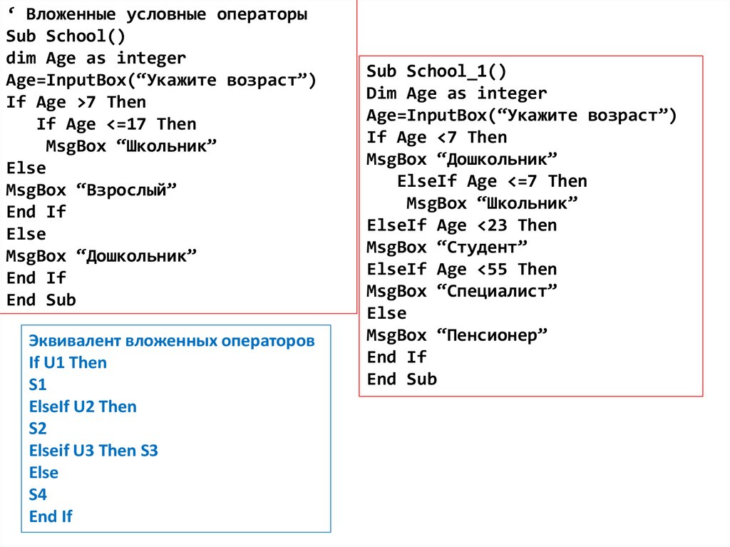 ‘ Вложенные условные операторы Sub School() dim Age as integer Age=InputBox(“Укажите возраст”) If Age >7 Then If Age <=17 Then